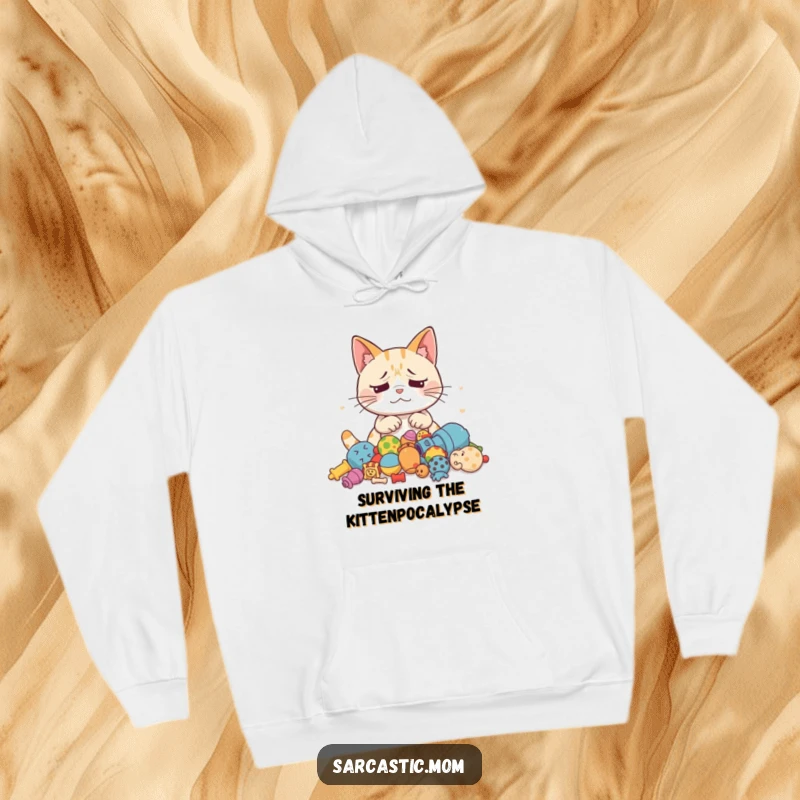 Funny Cat Mom hoodie featuring an exasperated mother cat looking at a heap of scattered toys, ideal for relaxed evenings.