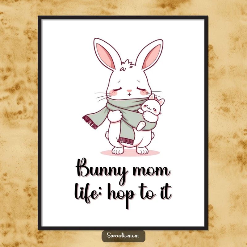 Funny Free Printable Wall Art: Tired bunny mom creatively wearing a baby sling as a scarf.