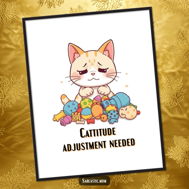 Funny free printable wall art of an exasperated mother cat surveying a chaotic landscape of scattered toys.