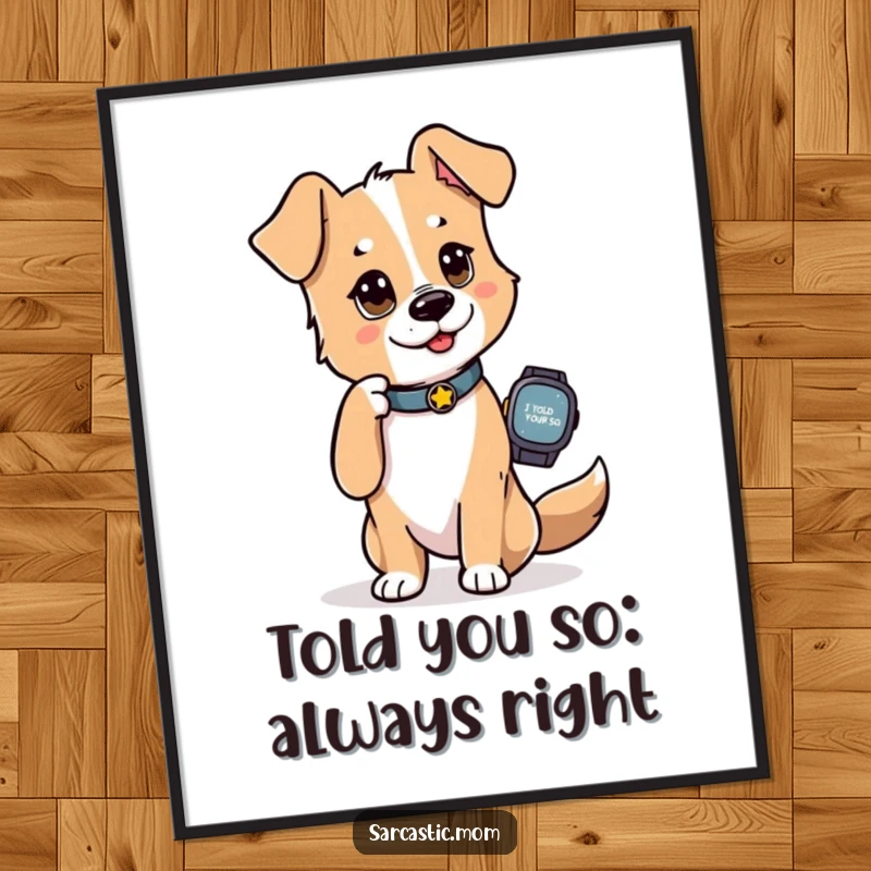 Funny Free Printable Wall Art: Dog mom tapping her watch with an 'I told you so' look, a statement of certainty.