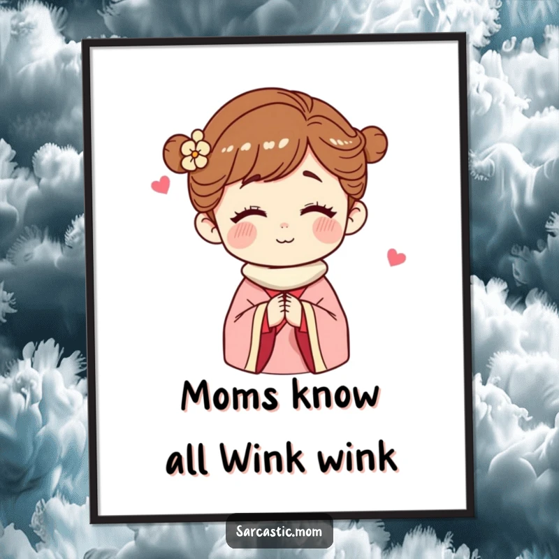 Funny free printable wall art of a mother figure winking conspiratorially, hinting at a shared secret, adding playful charm.