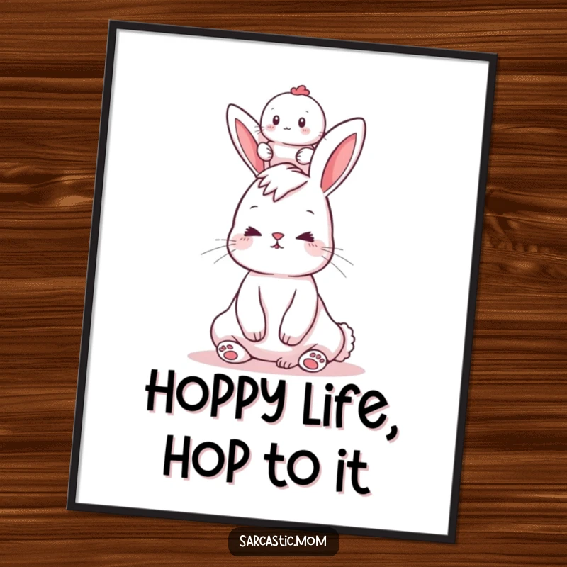 Funny free printable wall art depicting a bunny mom humorously attempting to balance a baby on her head, cartoon style.