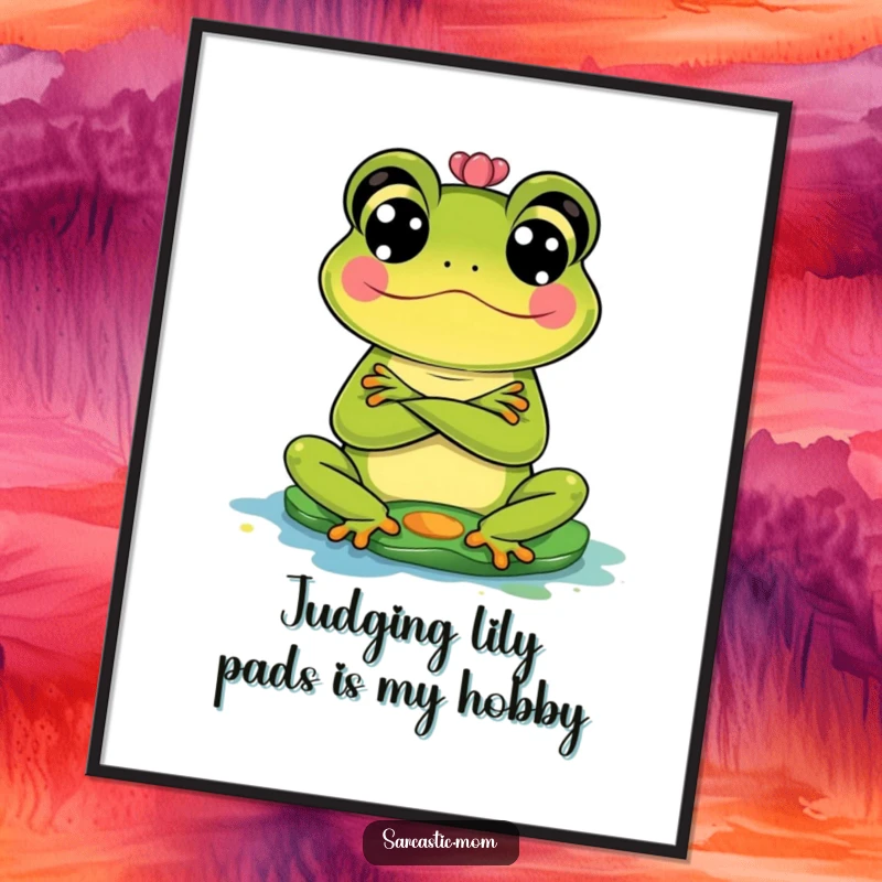 Funny Free Printable Frog Mom Wall Art: Frog mom sternly judging a messy, splattered lily pad.