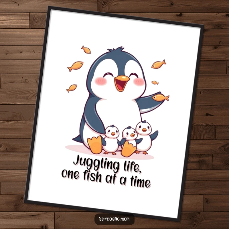 Funny Free Printable Wall Art: Happy penguin mom juggling fish for chicks, cute & humorous art.
