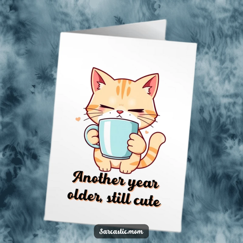 Funny Free Printable Birthday Card: Cat mom rolling eyes, holding coffee, expressing 'done' attitude.