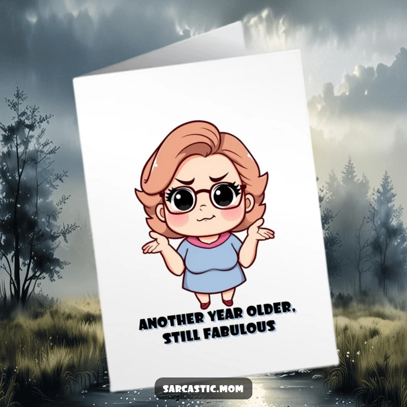 Funny Free Printable Birthday Card: Sarcastic mom shrugging with a knowing smirk, conveying 'what can you do?' humor.