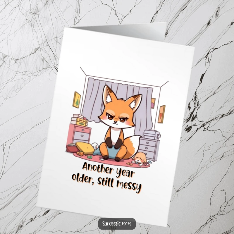 Funny Free Printable Birthday Card: Sarcastic fox mom rolling her eyes dramatically at a messy room, a relatable parenting moment.