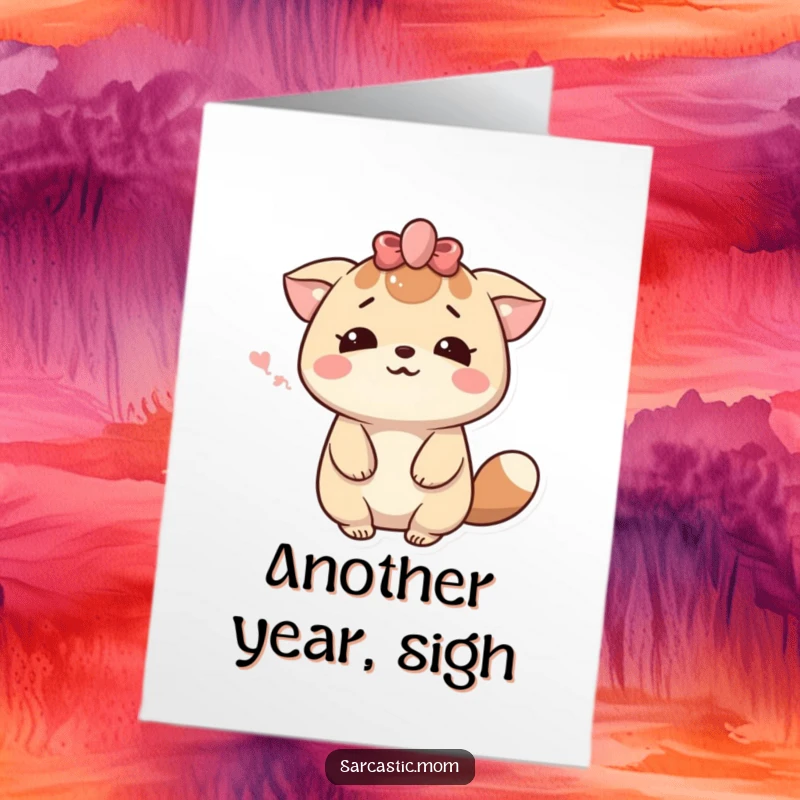 Funny Free Printable Birthday Card: Kawaii mother animal sighs dramatically but wears a sweet smile, showing loving tolerance.