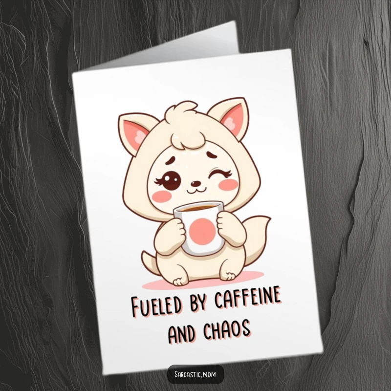 Funny Free Printable Birthday Card: Kawaii mom holding coffee, raising one eyebrow skeptically.