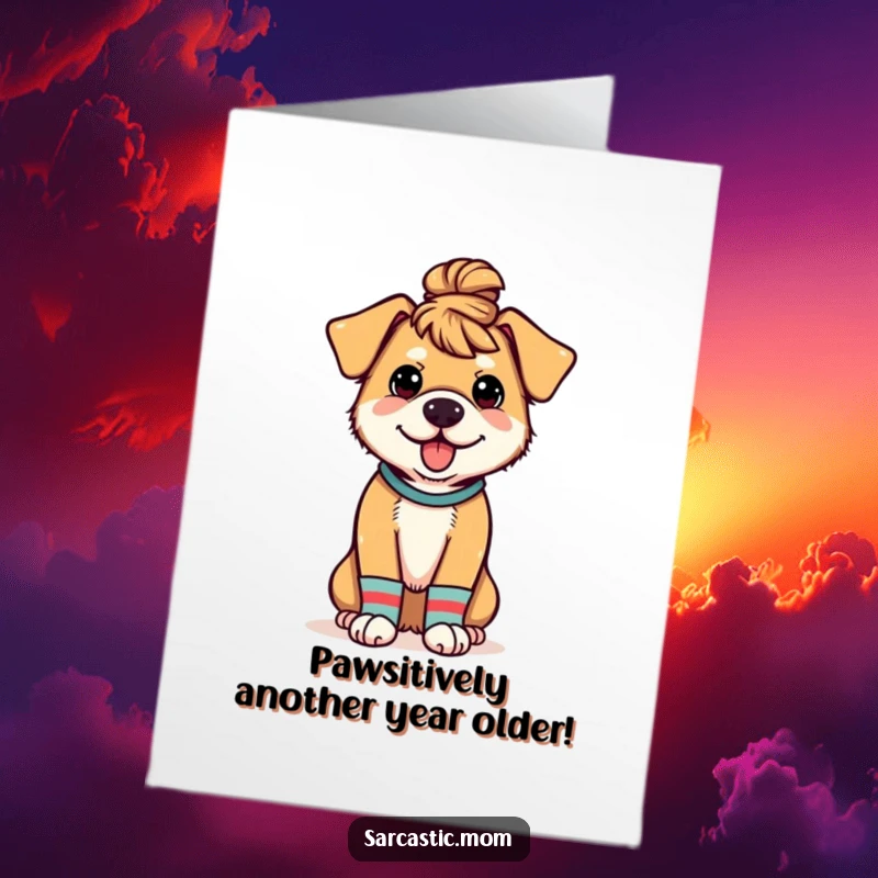 Funny free printable birthday card showing a dog mom with mismatched socks and a signature messy bun, looking endearingly overwhelmed.