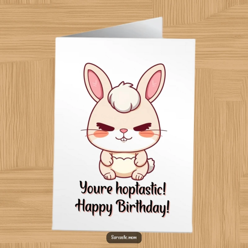 Free Printable Birthday Card: Rabbit mom with a stern yet loving expression, conveying heartfelt wishes humorously.