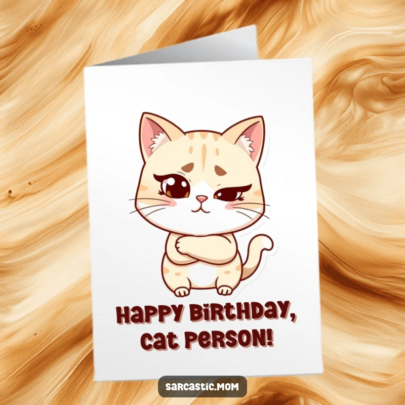 Funny Free Printable Birthday Card: Cat mom with raised eyebrow and crossed arms, judging your birthday choices.