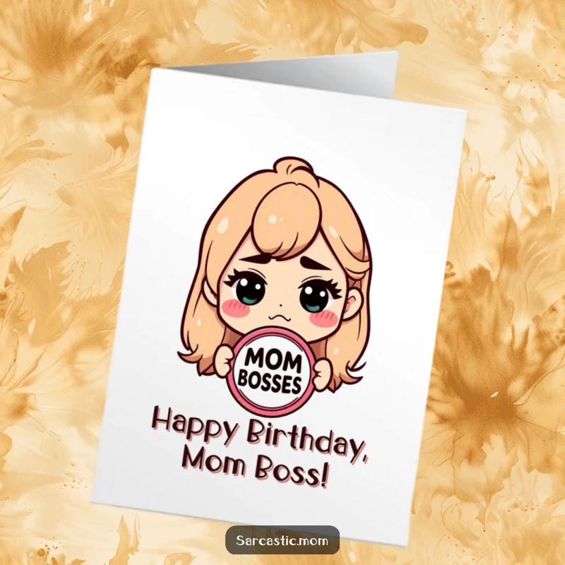 Funny Free Printable Birthday Card: Sarcastic mom wearing a 'Mom Boss' badge, looking confident and humorous.