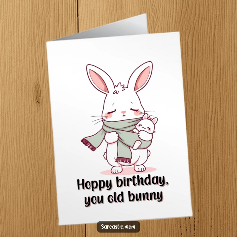 Funny Free Printable Birthday Card: Tired bunny mom wearing a baby sling as a scarf, looking exhausted.