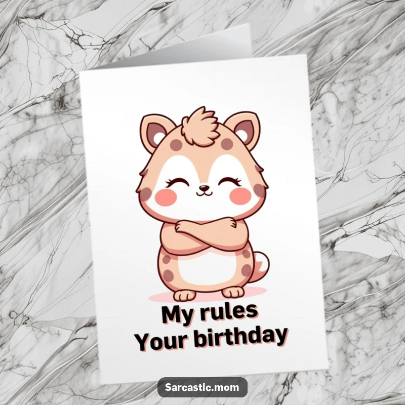 Funny Free Printable Birthday Card: Kawaii mom with crossed arms and a mischievous smirk, ready for cake.