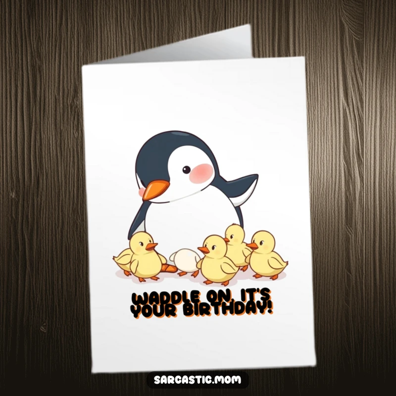 Funny free printable birthday card illustrating a determined penguin mom wrangling a chaotic group of ducklings, full of energy.
