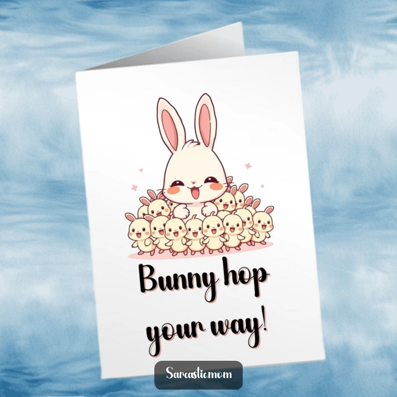 Funny free printable congratulations card showing an overwhelmed mama bunny character with a flurry of energetic baby bunnies.