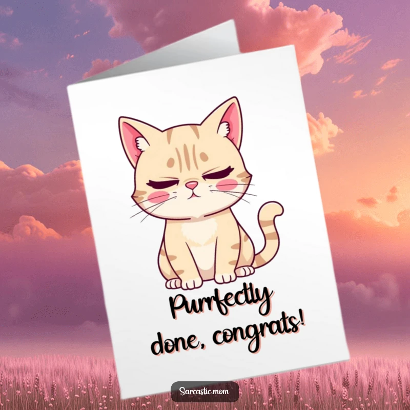 Funny Free Printable Congrats Card: Sarcastic cat mom rolling eyes, humorous cat lover gift, downloadable art.