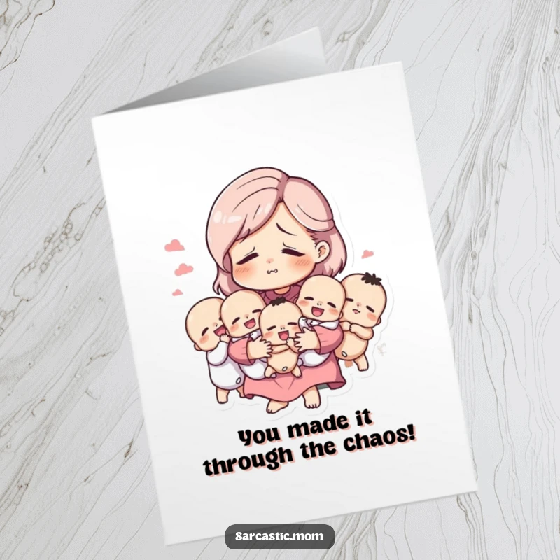 Funny Free Printable Congrats Card: A mother figure, tired but amused, triumphantly holding a multitude of babies.