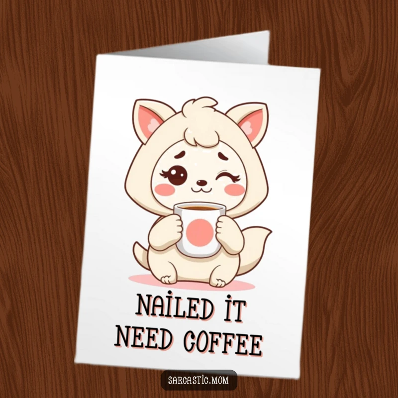 Funny Free Printable Congratulations Card: Kawaii mom sips coffee, judging your success with a raised eyebrow.