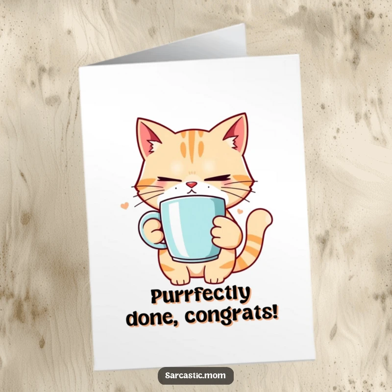 Funny Free Printable Congrats Card: Cat mom with eye roll, perhaps judging the situation with coffee.
