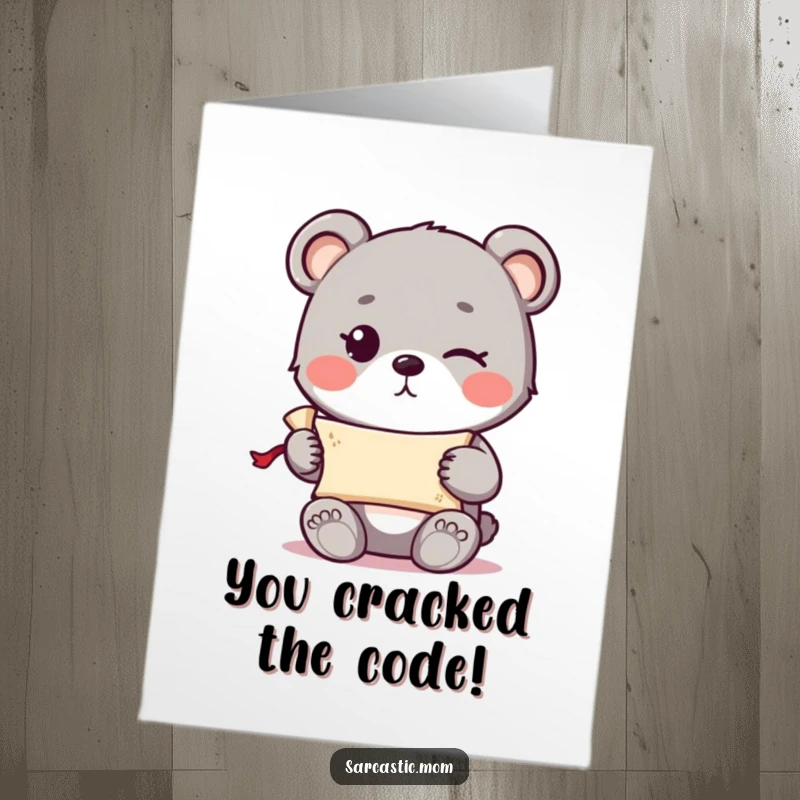 Funny Free Printable Congratulations Card: Cute bear cub winking, holding secret scroll, sharing good news, DIY gift.