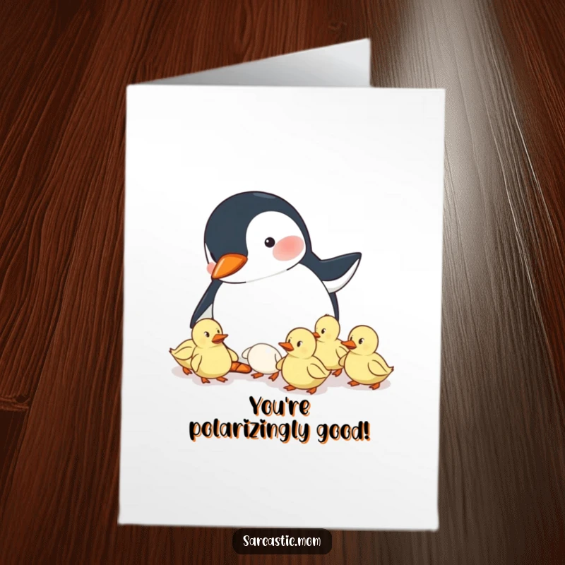 Charming free printable congratulations card showing a penguin mom trying to keep her ducklings in line, adorable and chaotic.