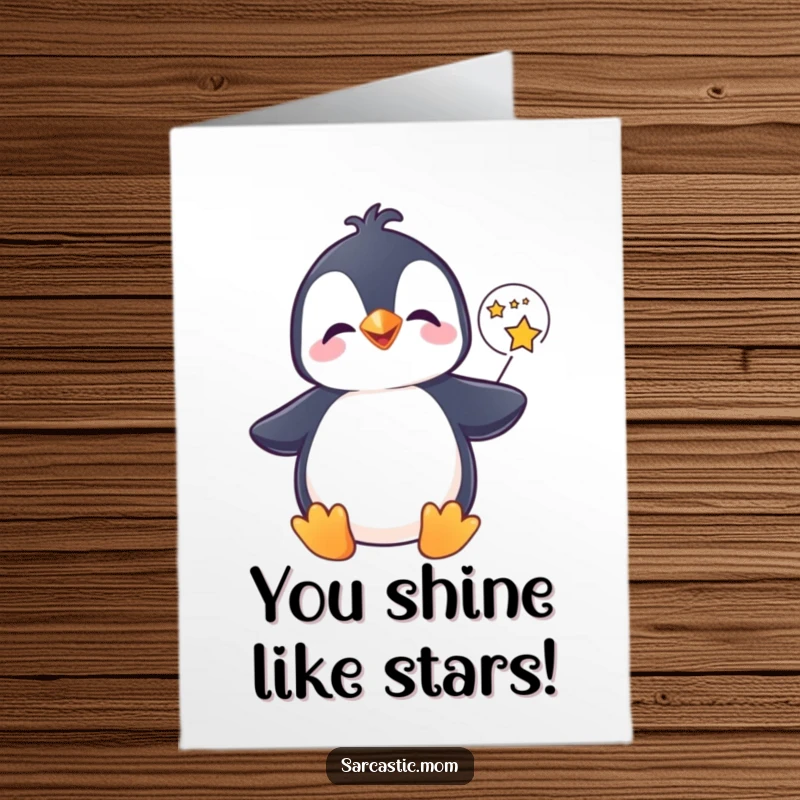 Funny Free Printable Congratulations Card: A happy penguin shares a speech bubble filled with twinkling stars, celebrating success.