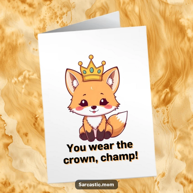 Funny Free Printable Congratulations Card: Fox cub's crown tips over during a triumphant moment, shareable fun.