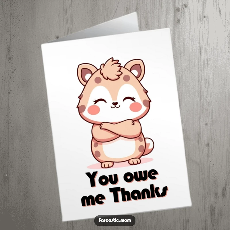 Funny Free Printable Thank You Card: Kawaii mom stands arms crossed, smirking, accepting your gratitude with swagger.