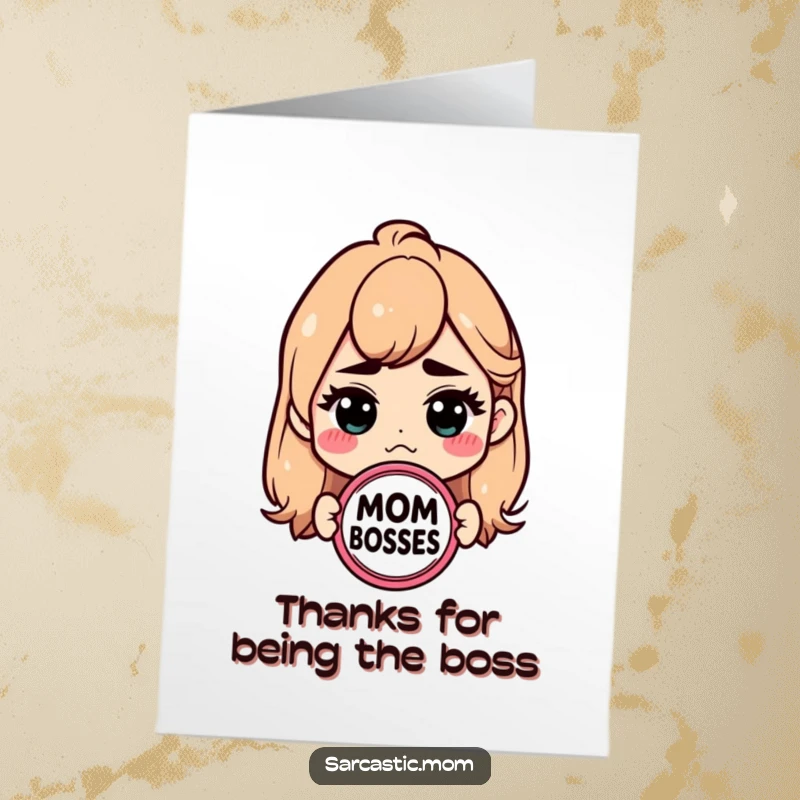 Funny Free Printable Thank You Card: Sarcastic mom with a 'Mom Boss' badge, expressing thanks with humorous authority.