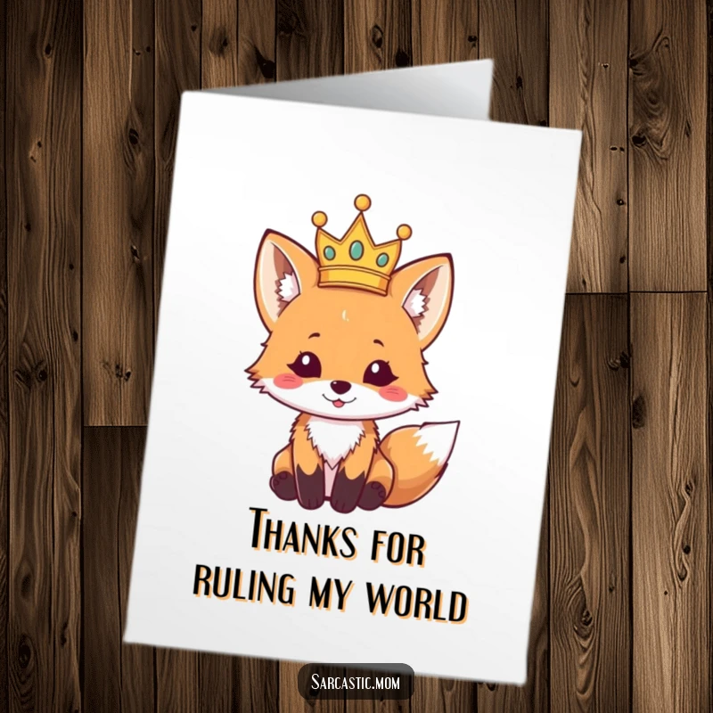 Funny Free Printable Thank You Card: Fox cub's crown slips adorably, a humorous way to say thanks.