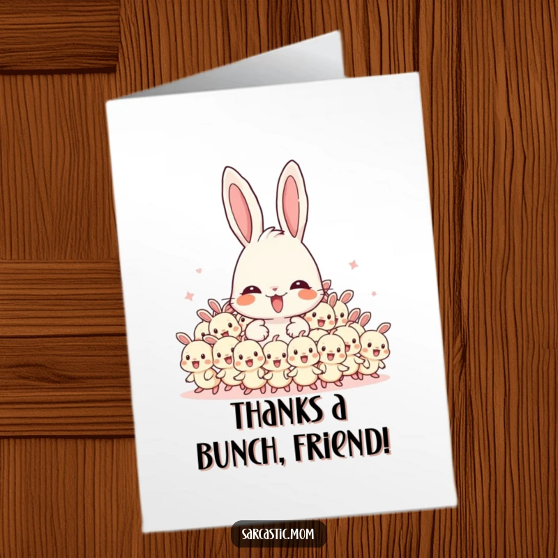 Funny free printable thank you card with an overwhelmed mama bunny character and a crowd of energetic baby bunnies.