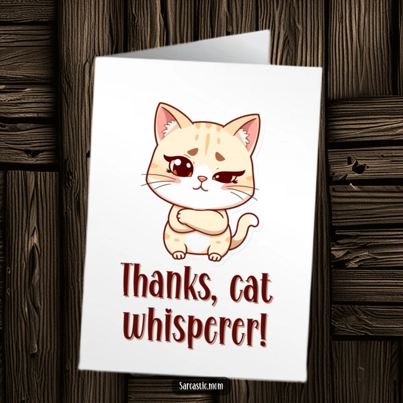 Funny Free Printable Thank You Card: Cat mom character with a stern raised eyebrow and crossed arms, accepting thanks.