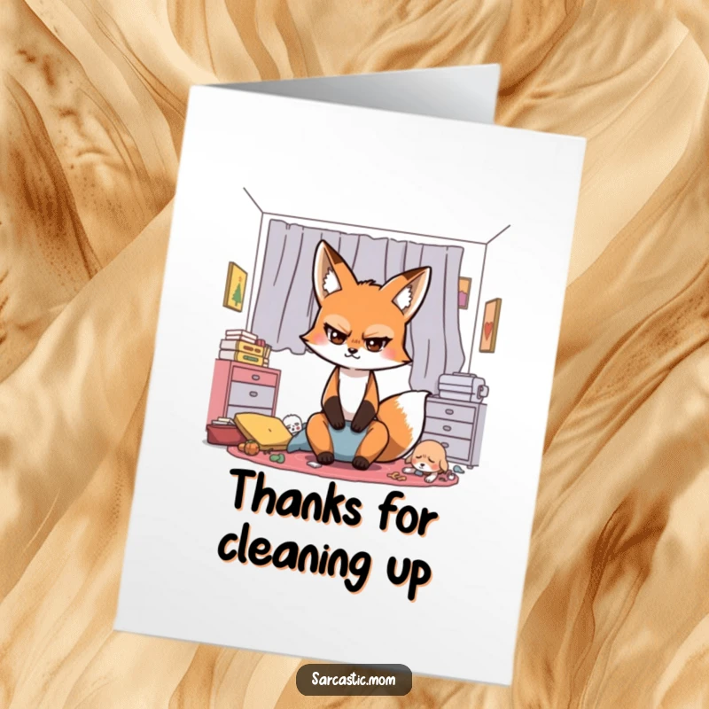 Funny Free Printable Thank You Card: Sarcastic fox mom rolling her eyes dramatically at a messy room, offering thanks.
