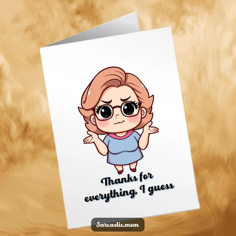 Funny Free Printable Thank You Card: Sarcastic mom shrugging with a knowing smirk, a humorous way to say thanks.