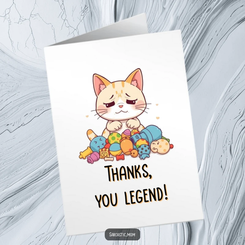 Funny free printable thank you card with an exasperated mother cat looking at a pile of scattered toys.
