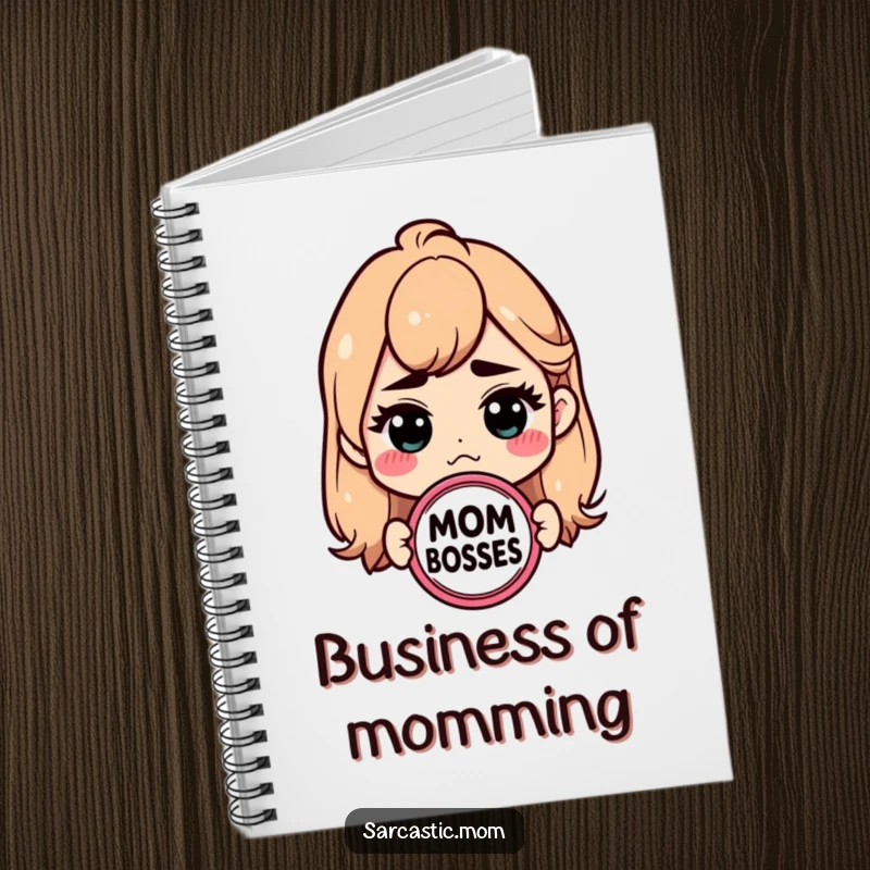 Funny Mom Boss notebook with a sarcastic badge. Humorous and practical stationery.