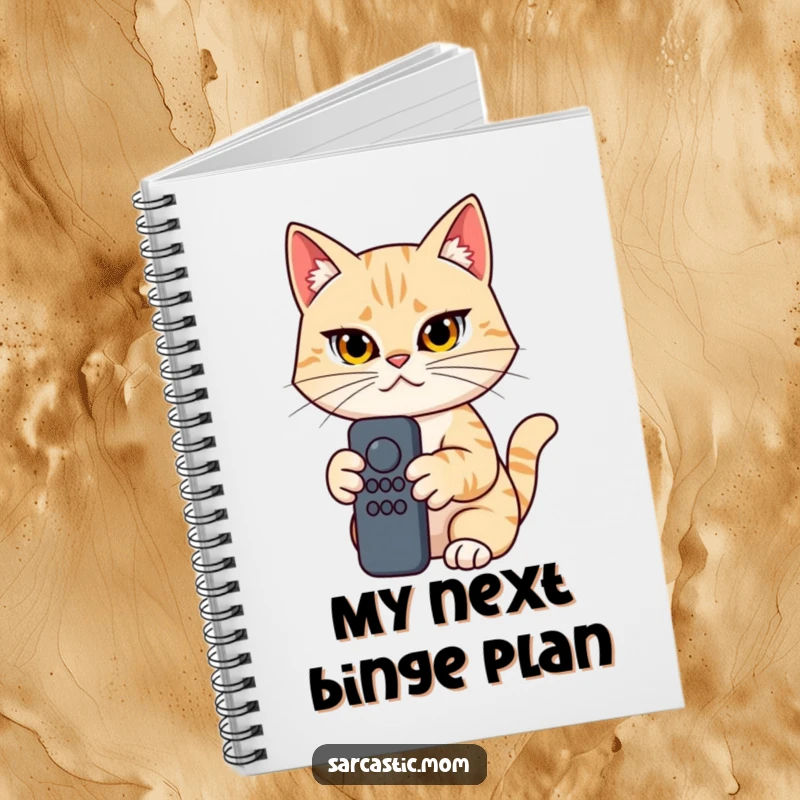 Funny Cat Mom Notebook, determined woman holding a remote control, perfect for notes, a humorous and practical gift.