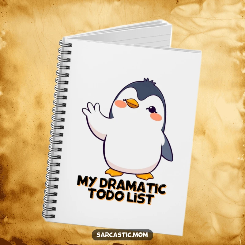 Funny penguin mom notebook with a dramatic penguin mother and hand gesture, perfect for journaling or note-taking humorously.
