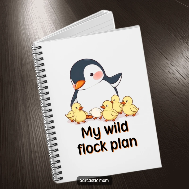 Funny notebook with a penguin mom herding ducklings, perfect for jotting down notes and observations with humor.