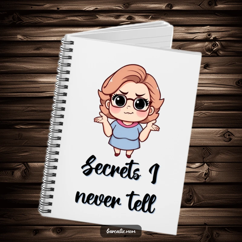 Funny sarcastic mom notebook, depicting a shrugging mom with a knowing smirk. Humorous stationery.