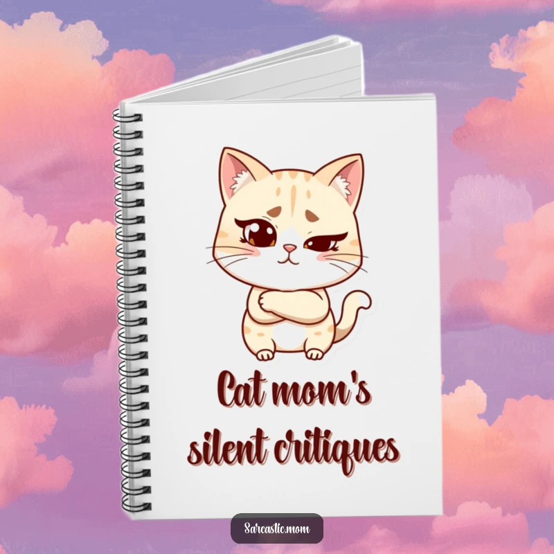 Funny cat mom notebook showing a woman with a raised eyebrow and crossed arms, great for jotting down ideas with judgmental charm.