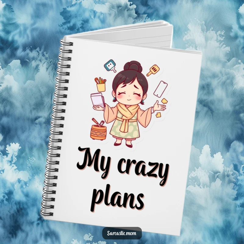 Funny notebook with a mother figure juggling multiple tasks with a strained smile, for jotting down thoughts with humorous maternal energy.