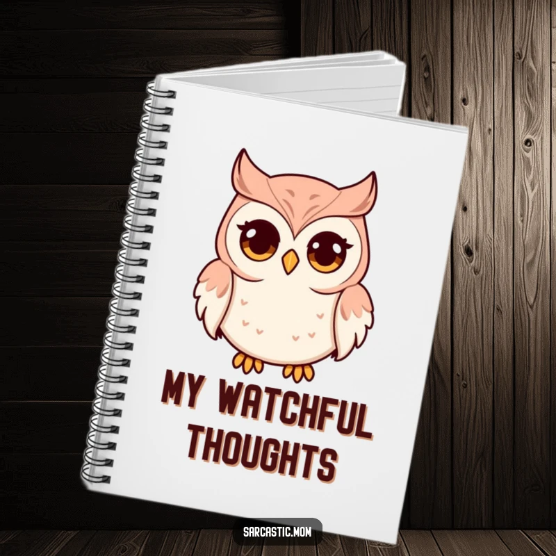Funny notebook cover featuring an owl mom with wide eyes and a pursed beak. Ideal for journaling, note-taking, or sketching with a humorous touch.