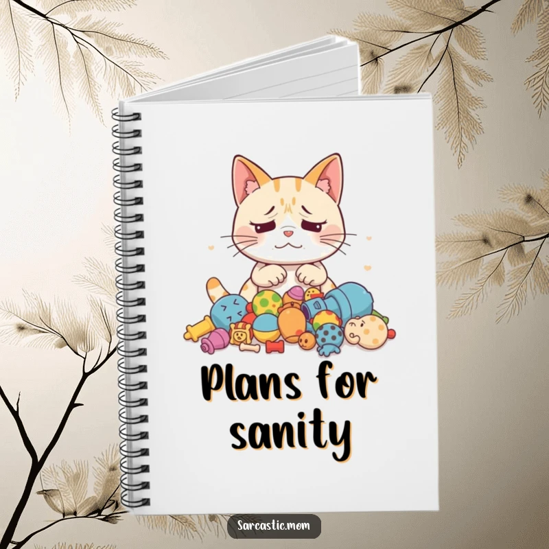Funny Cat Mom notebook featuring an exasperated mother cat looking at scattered toys, perfect for journaling or doodling.