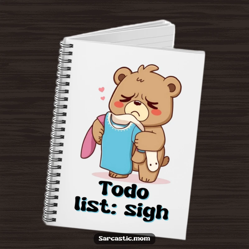 Funny Grumpy Bear Mom Notebook, a sighing mama bear with a laundry pile on the cover, ideal for notes and reflections.