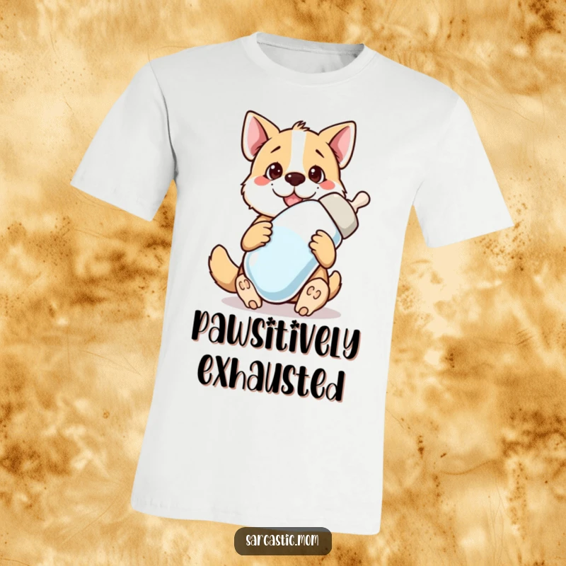 Funny dog mom in a t-shirt, holding a giant baby bottle, depicting the humorous chaos of pet ownership.