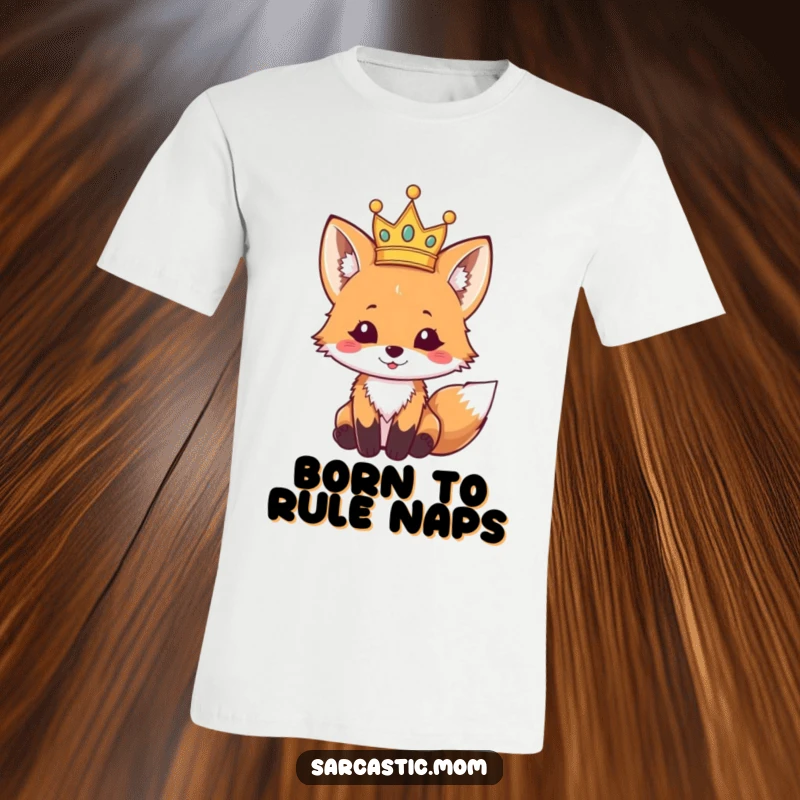 Funny fox cub t-shirt, playfully balancing a small, lopsided crown, radiating mischievous royalty. A cool funny gift.