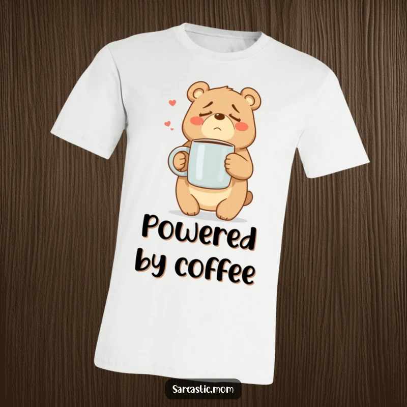 Funny Mama Bear t-shirt depicting an exhausted bear mom holding a large coffee mug, embodying mom life humor.